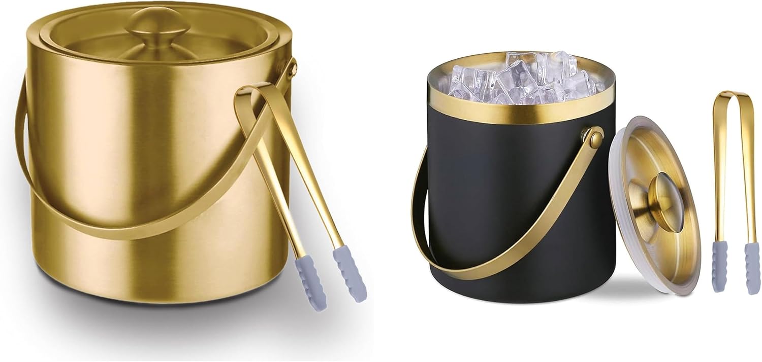 Gold Ice Bucket with Lid and Handle and Tong Black Gold Insulated Stainless Steel Champagne Bucket