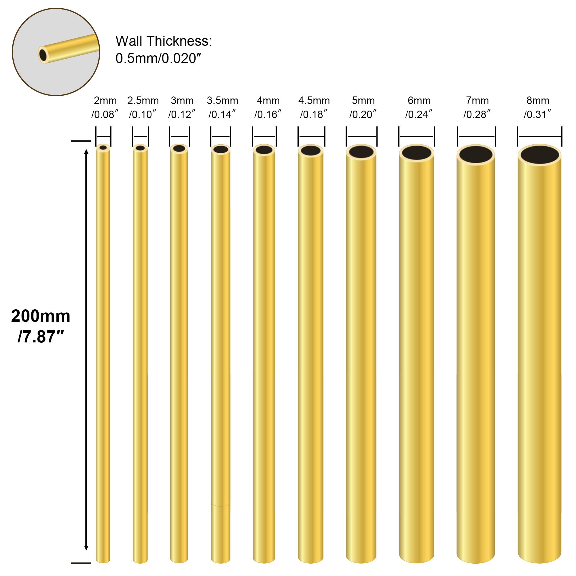 Messingrohre Set mit 2mm/2,5mm/3mm/3,5mm/4mm/4,5mm/5mm/6mm/7mm/8mm, 0,5 mm Wandstärke, 200 mm Länge, LAVMHAB Nahtlos Rundrohr aus Messing für Bastelarbeiten (10 Stück)
