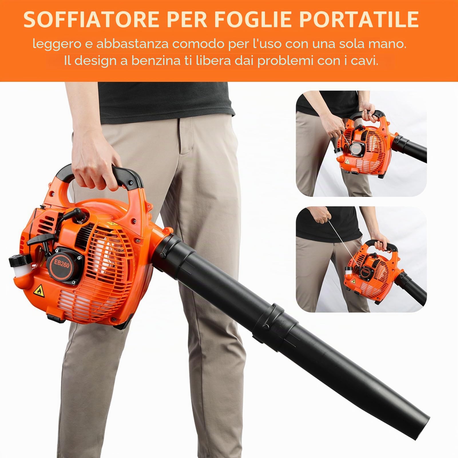 Soffiatore a Benzina 26cc, soffiatore a gas per la pulizia del cortile con 7500 giri/min, soffiatori a mano per neve con grande flusso d'aria ad alta velocità 250 km/h, per erba, foglie, neve