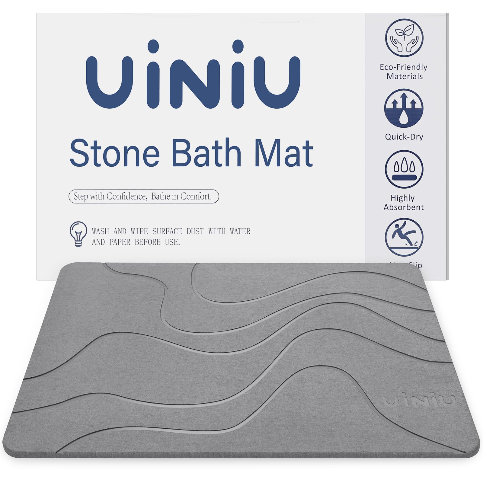 Stone Bath Mat, Diatomaceous Earth Shower Mat for Bathroom, Non Slip Super Absorbent Quick Drying Natural Stone Drying Mat, Elegant & Modern Design, Easy to Clean (23.6"×15.4" Dary Grey)