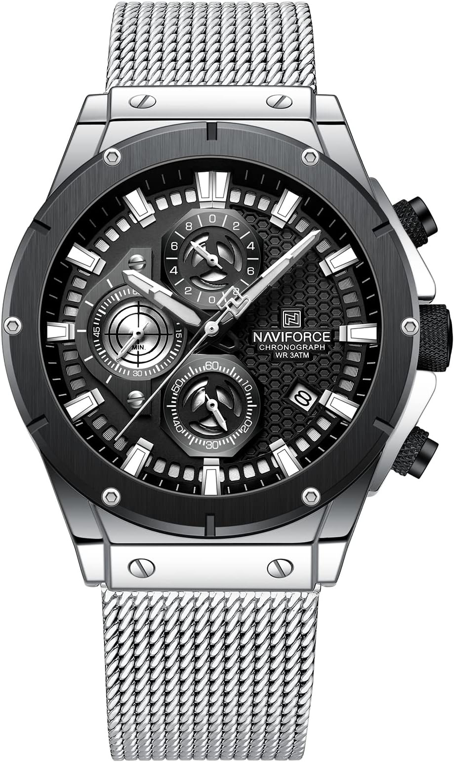 NAVIFORCE Fashion Stainless Steel Mesh Band Chronograph Quartz Watch for Men Auto Date Sport Waterproof Analog Wrist Watches