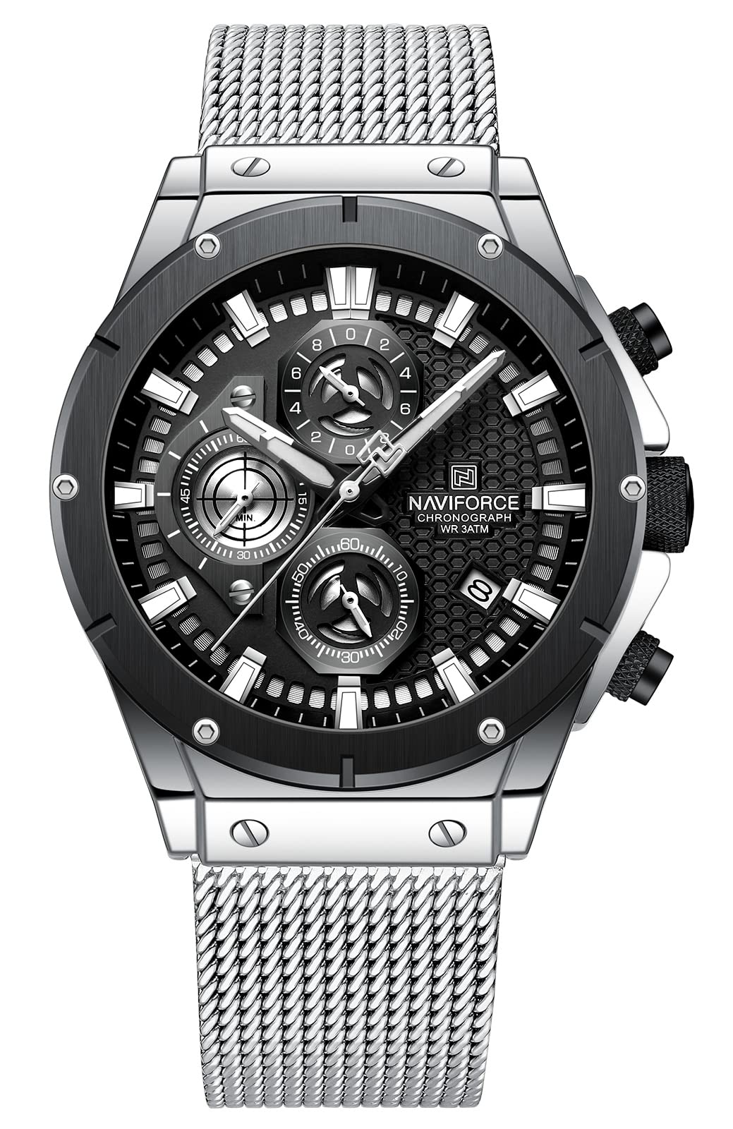 Fashion Stainless Steel Mesh Band Chronograph Quartz Watch for Men Auto Date Sport Waterproof Analog Wrist Watches