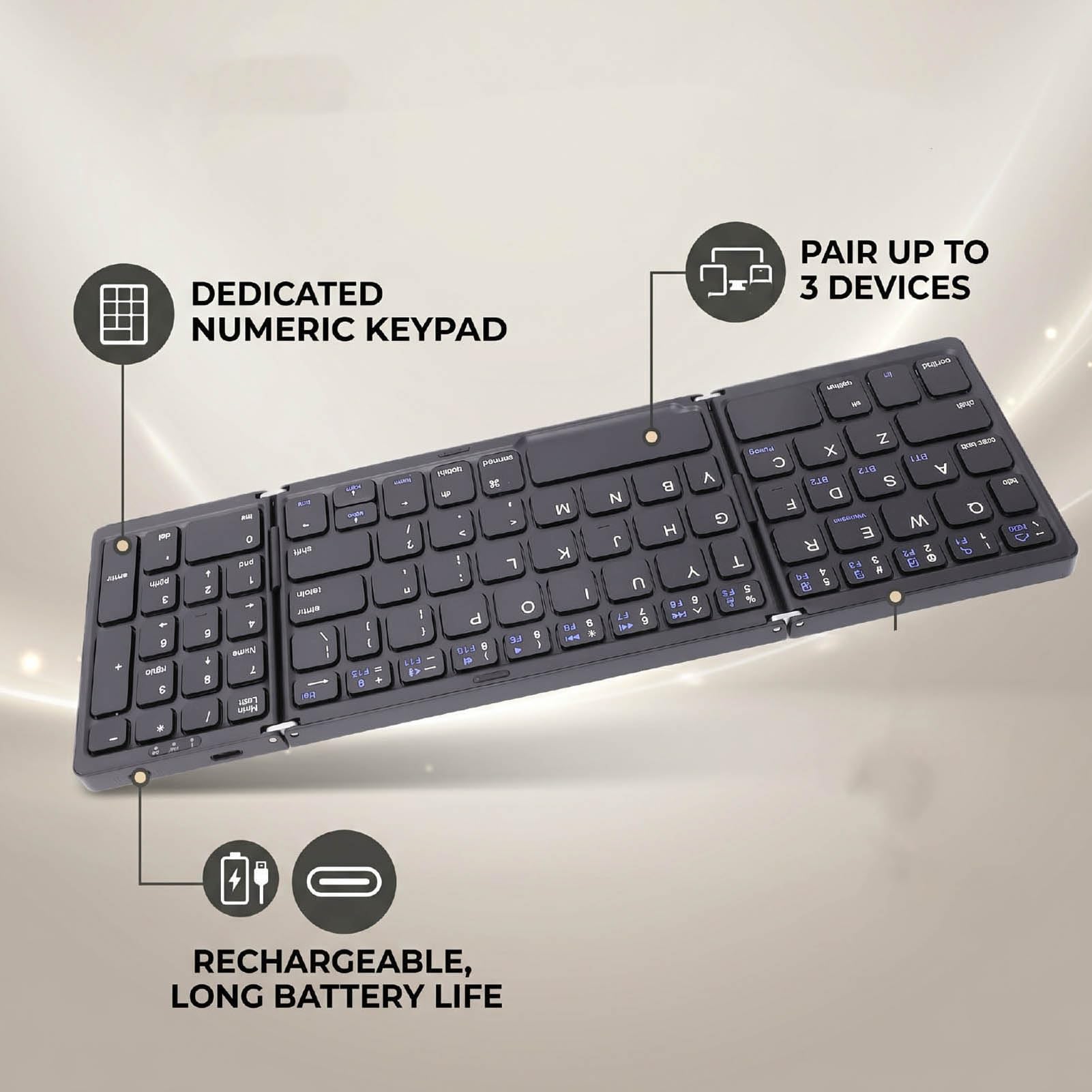 banapoy Combo Tastiera Mouse Pieghevole Wireless Bluetooth 81 Tasti con Tastierino Numerico per Smartphone Tablet Computer Portatile, Ricaricabile, Sottile Viaggio Tascabile