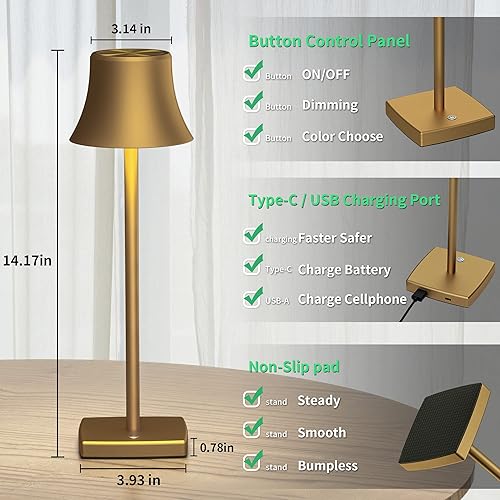 Miniatura 2 de SAKRINGT Paquete de 2 lámparas de mesa LED inalámbricas recargables, luz de mesa con pilas de 5000 mAh, atenuación continua de 3 colores, lámpara de