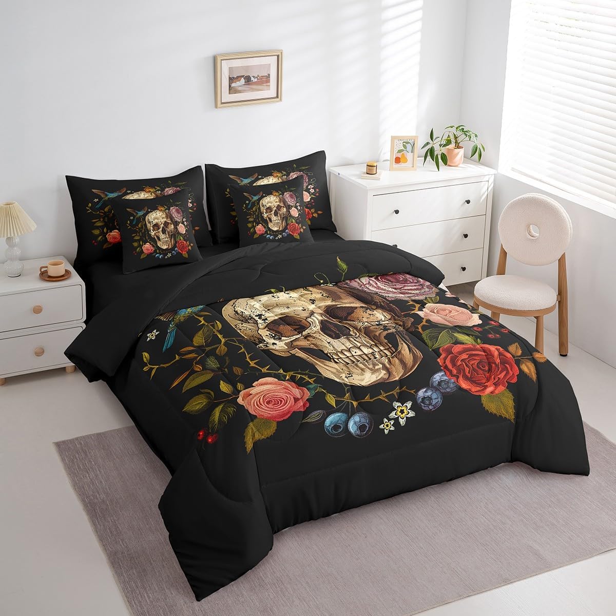 Erosebridal Sugar Skull Full Comforter Set 7 Piece Bed in A Bag with Sheet Set,Pillow Covers,Gothic Skull Bedding Set Exotic Tribal Flower Skeleton Bones Bedding Comforter Sets Reversible Black