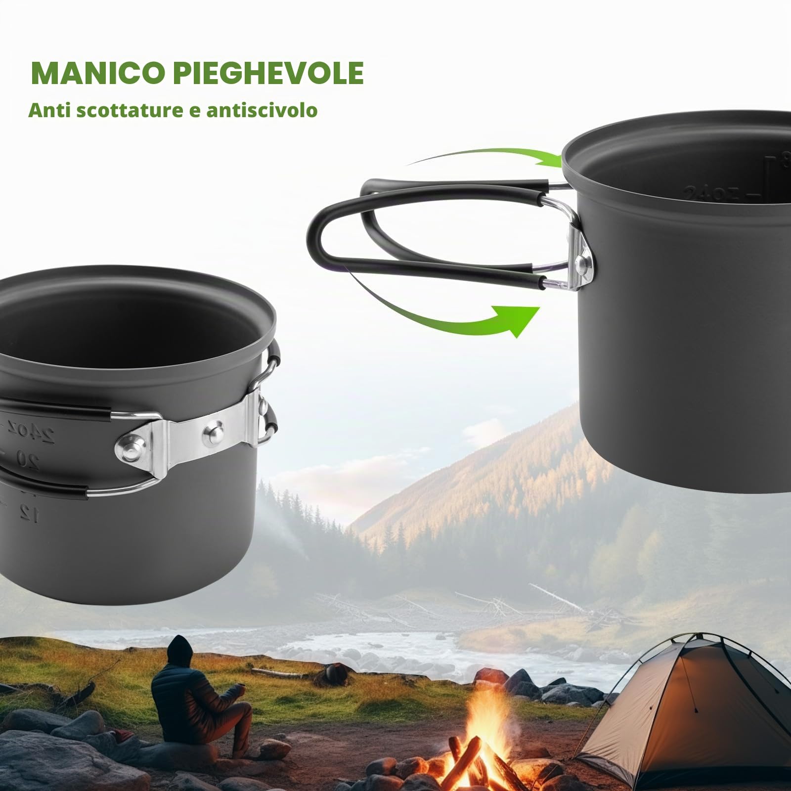 Set di Pentole da Campeggio 1,1L, Gavetta Campeggio Fornello da Picnic con Posate e Manico Pieghevole Portatile, Antiscottatura e Antiruggine, per Viaggiare Trekking Escursionismo