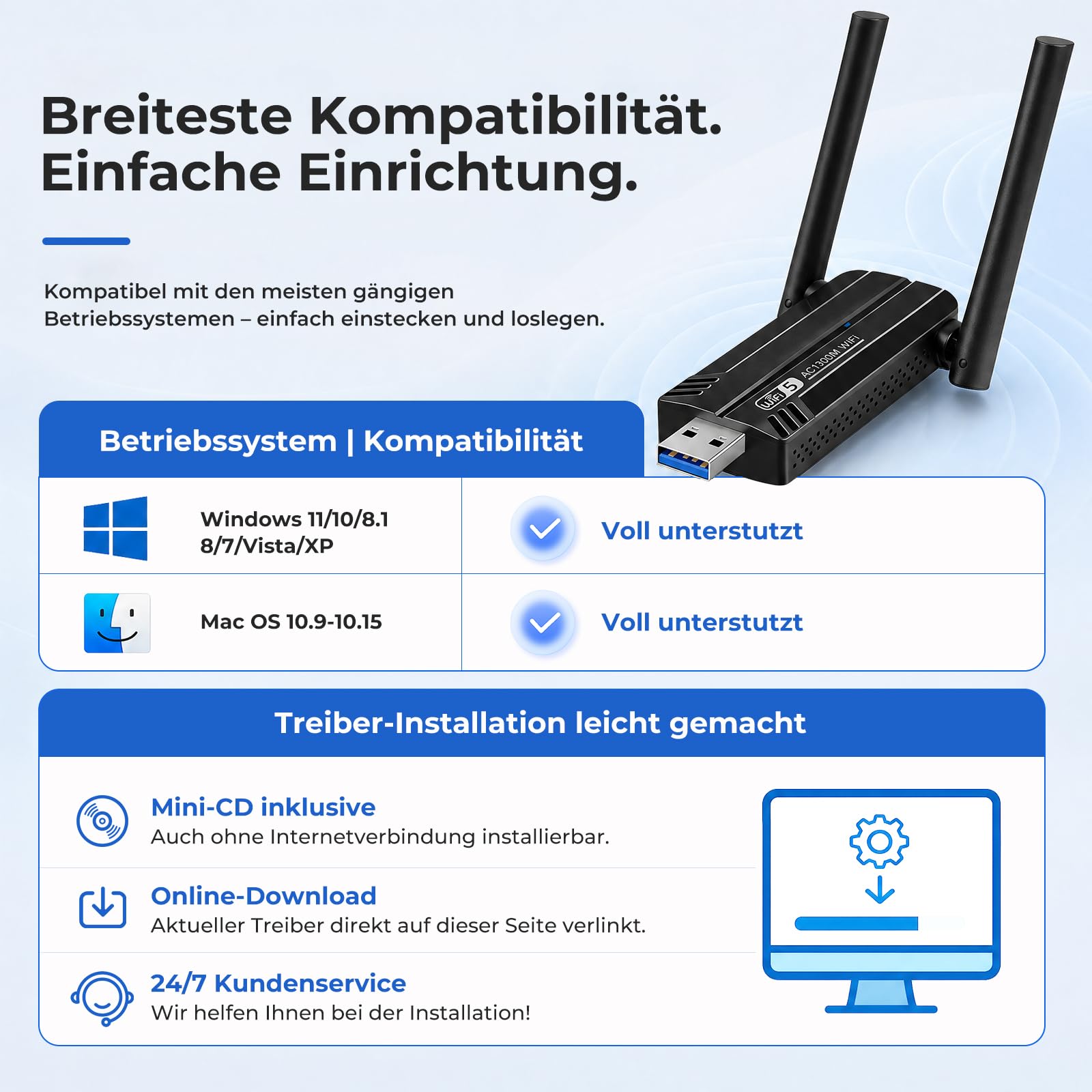 Adapter WLAN dla komputera — adapter WiFi 1300 Mbps dwupasmowy 2,4 GHz/5,8 GHz USB 3.0 z 2 antenami 5 dBi, dla komputera stacjonarnego/laptopa, kompatybilny z systemami Windows 11/10/8/7/Vista/XP, Mac