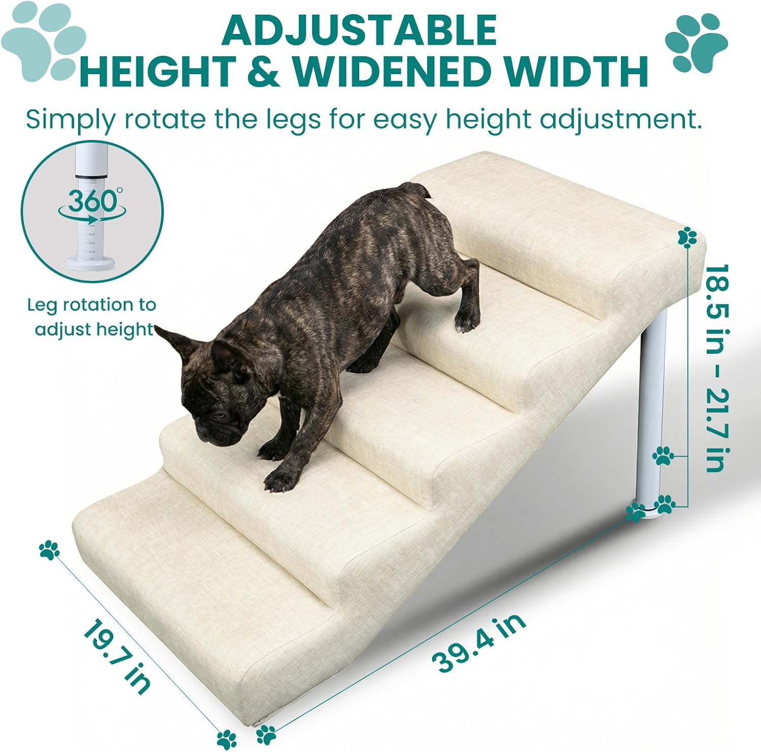 Dog Stairs for Bed & Couch, 19.7" Extra Wide Dog Steps for High Bed, 5-Step Non-Slip Pet Stairs for Dogs, Adjustable Dog Steps up to 150 lbs, Linen Faux Leather, Height Adjustable from 18.5" to 21.7"