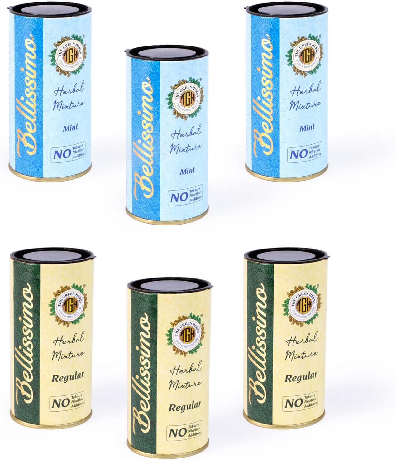 Bellissimo Herbal Smoke Mixture, Tobacco & Nicotine Free Smoking Blend, Tobacco Alternatives to Quit Smoking, Regular & Mint Flavor, Roll Your Own Smoke, 6 Pack of 180gm