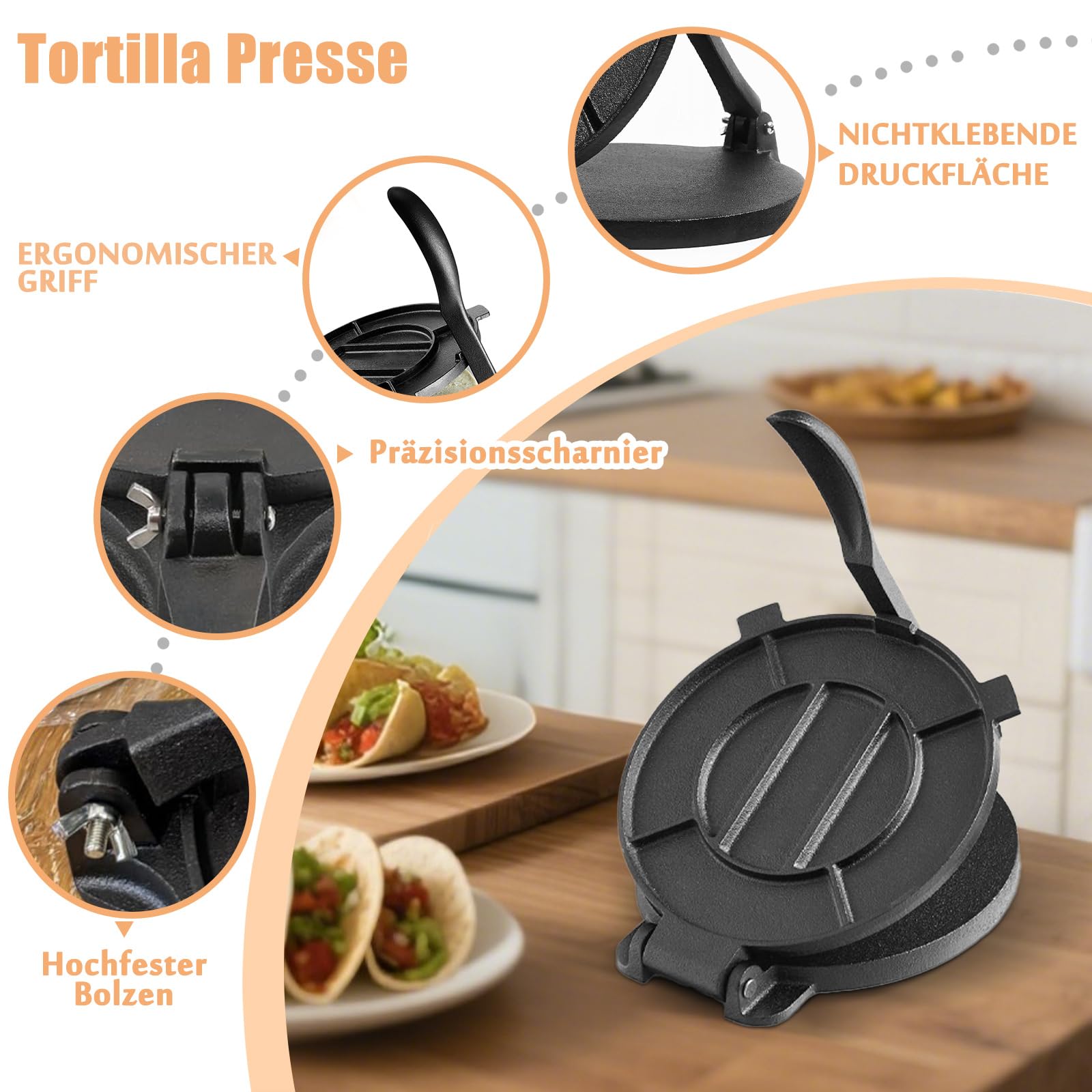 Tortilla Presse - Gusseisen Tortilla Presse, Roti Maker, Pre-Seasoned Tortilla Maker, Heavy- Duty Taco Presse, Justierbare Tortilla Press für hausgemachte Tortillas, Schwarz (20cm)