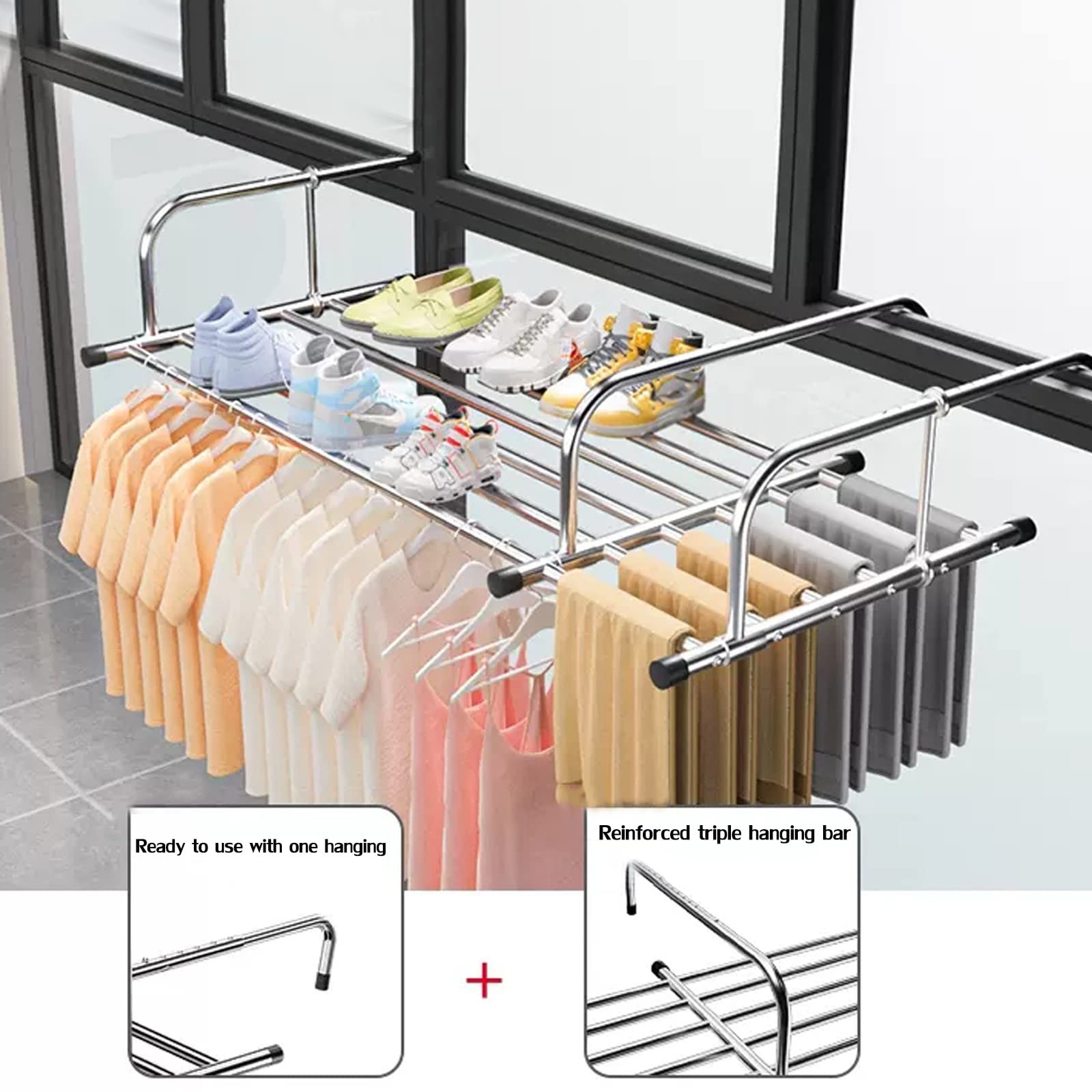 Stendibiancheria in Acciaio Inox Estensibile per Vestiti, per Balcone, Pronto all'Uso, Una Volta Appeso, Scarpe a Parete, Piante in Vaso, Argento (Si