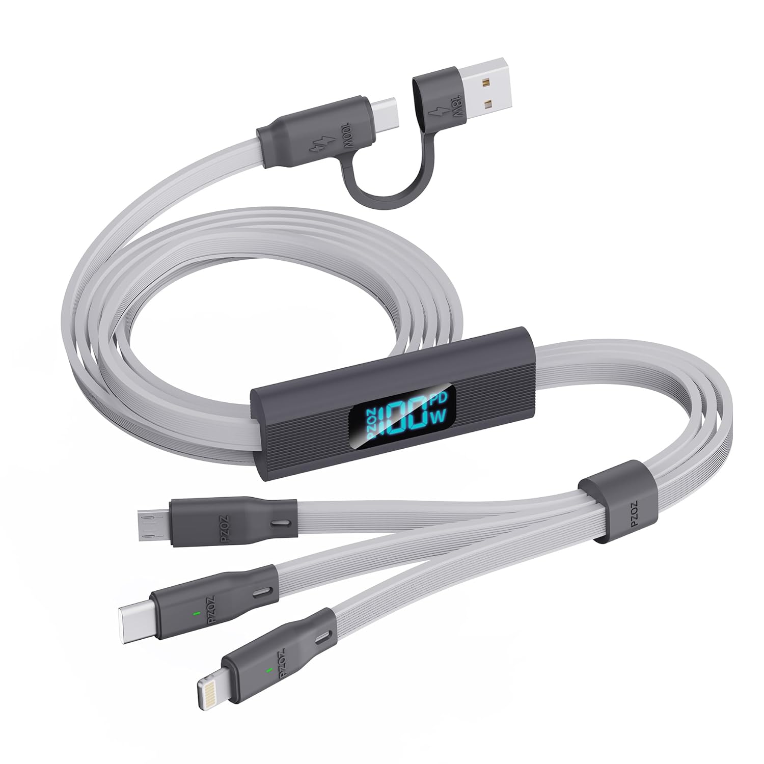 pzoz USB C & USB A Charging Cable with LED Display, 3 in 1 Multi Fast Charging Cable, Multiple Charger Cord with Type C[100W]/Lightning[27W]/Micro[10W] for iPhone iPad MacBook Samsung