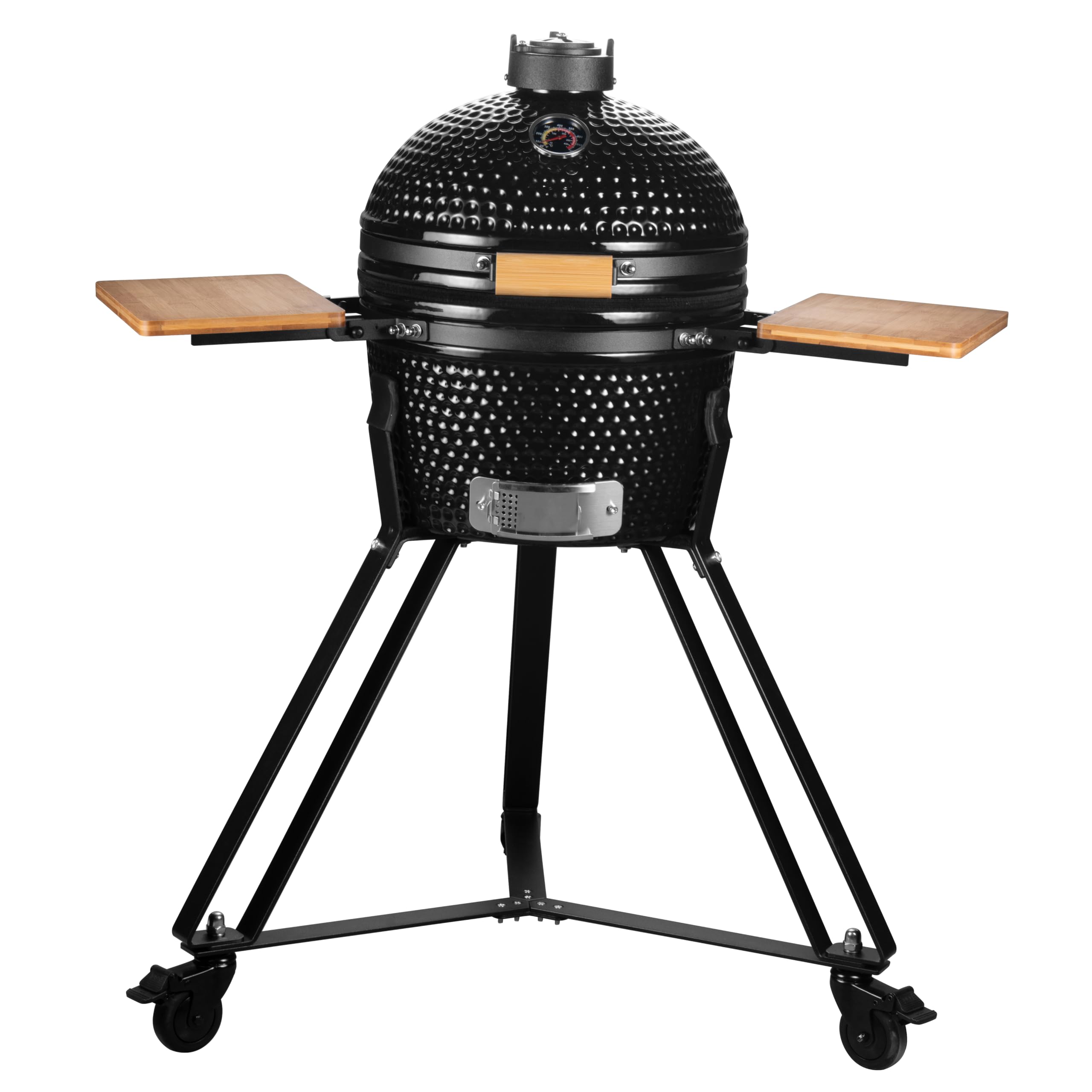 16" Ceramic Kamado Charcoal BBQ Egg With Stand, Collapsible Wooden Shelves, Thermometer Built-in (Black)