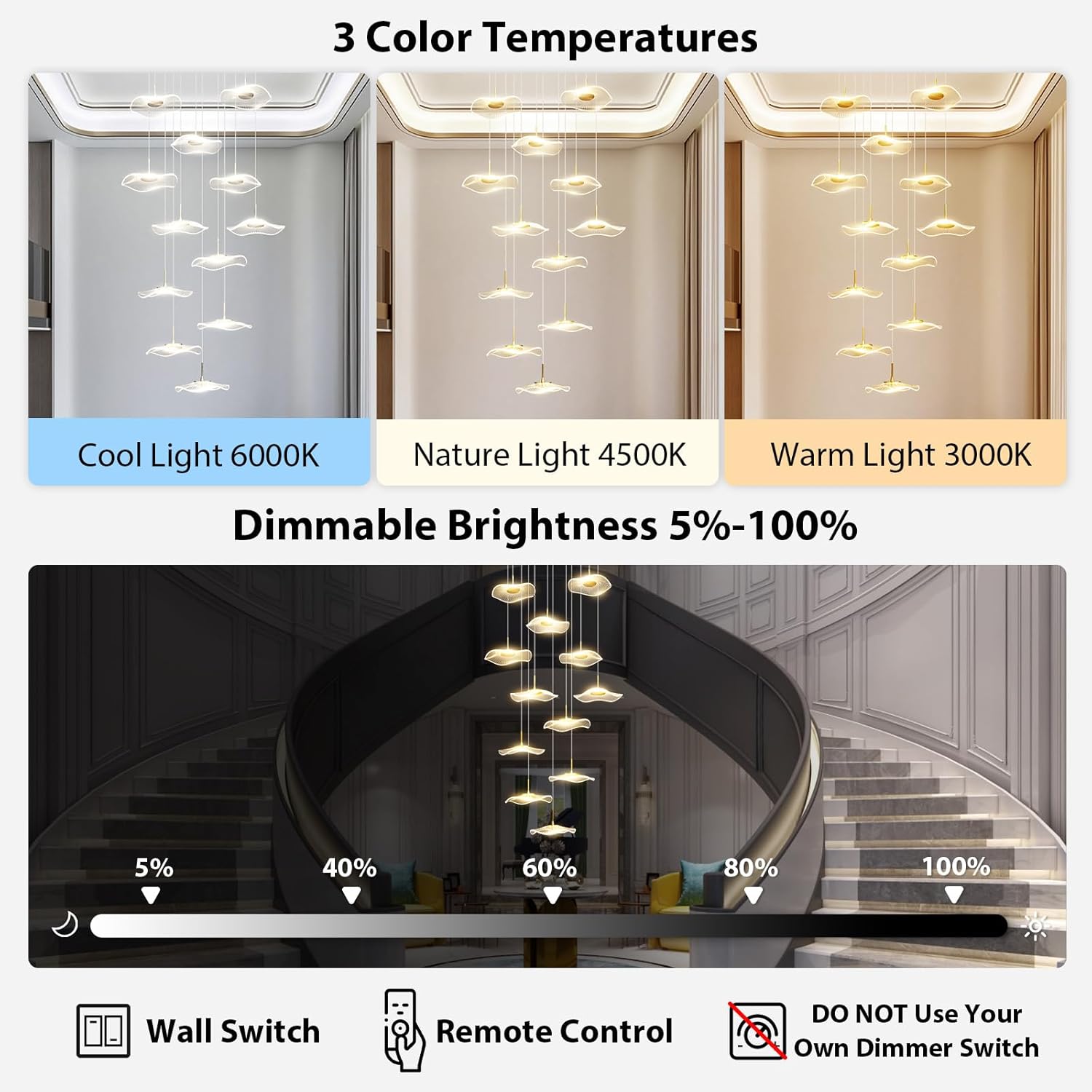 Long Staircase Chandelier For High Ceiling: 12 Lights Gold LED Dimmable With Remote - Large Spiral Acrylic Lotus Leaf Lamp - Modern Linear Hanging Pendant Light Fixture For Foyer Entryway Living Room