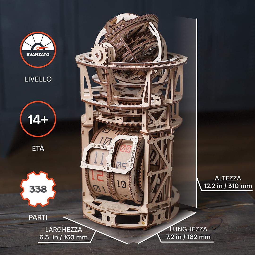 UGEARS Sky Watcher Tourbillon Orologio da Tavolo - Puzzle 3D in Legno Funzionali per Adulti Kit Orologio Meccanico - Kit Modelli in Legno DIY da Assemblare per Adulti - 3D Puzzle del Papà - 338 Pezzi