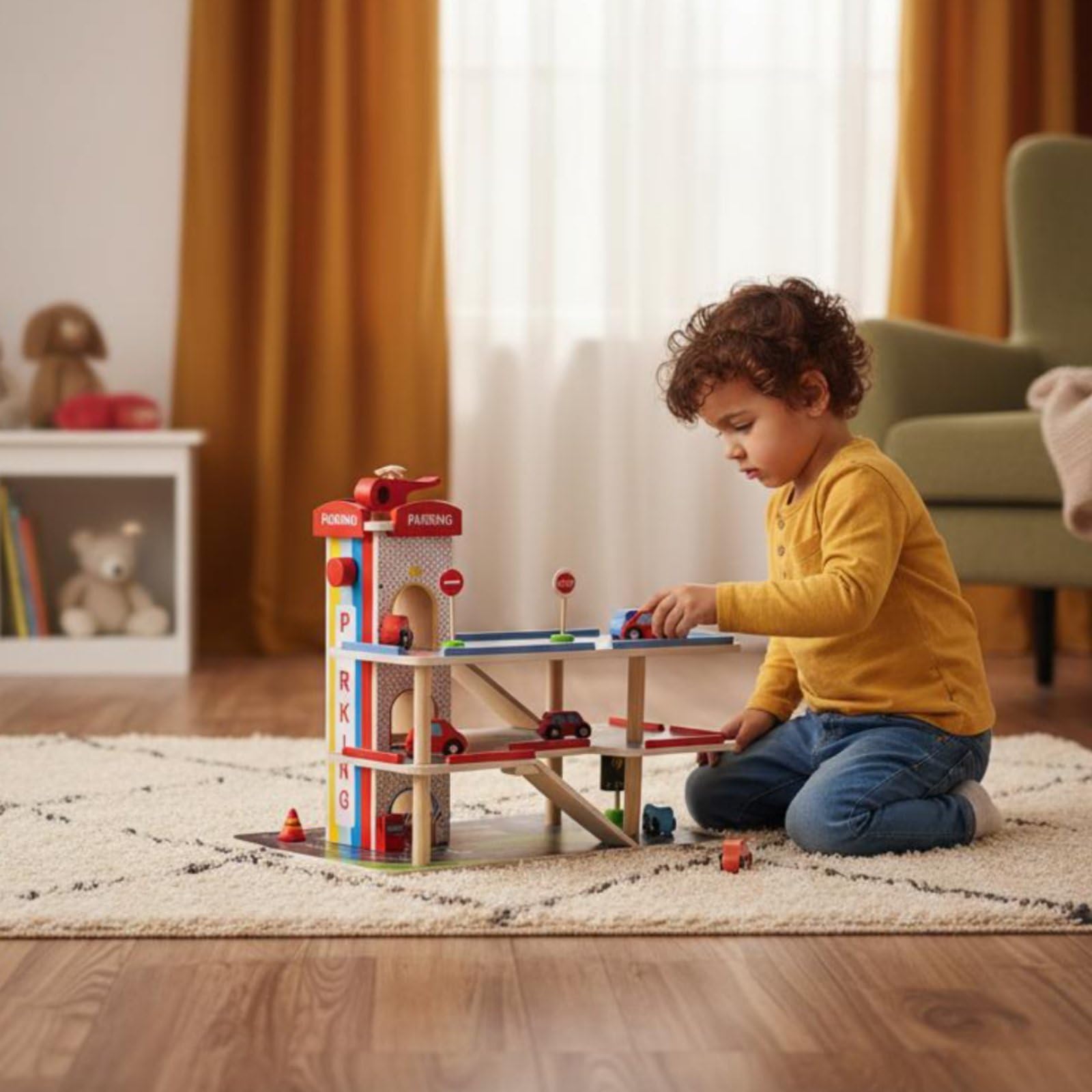 Parcheggio Bambini Gioco Garage Auto Ascensore Manuale Helipad Legno Struttura Multi Livello Adatto per Apprendimento Interattivo Coordinazione, Ylb-parcheggio
