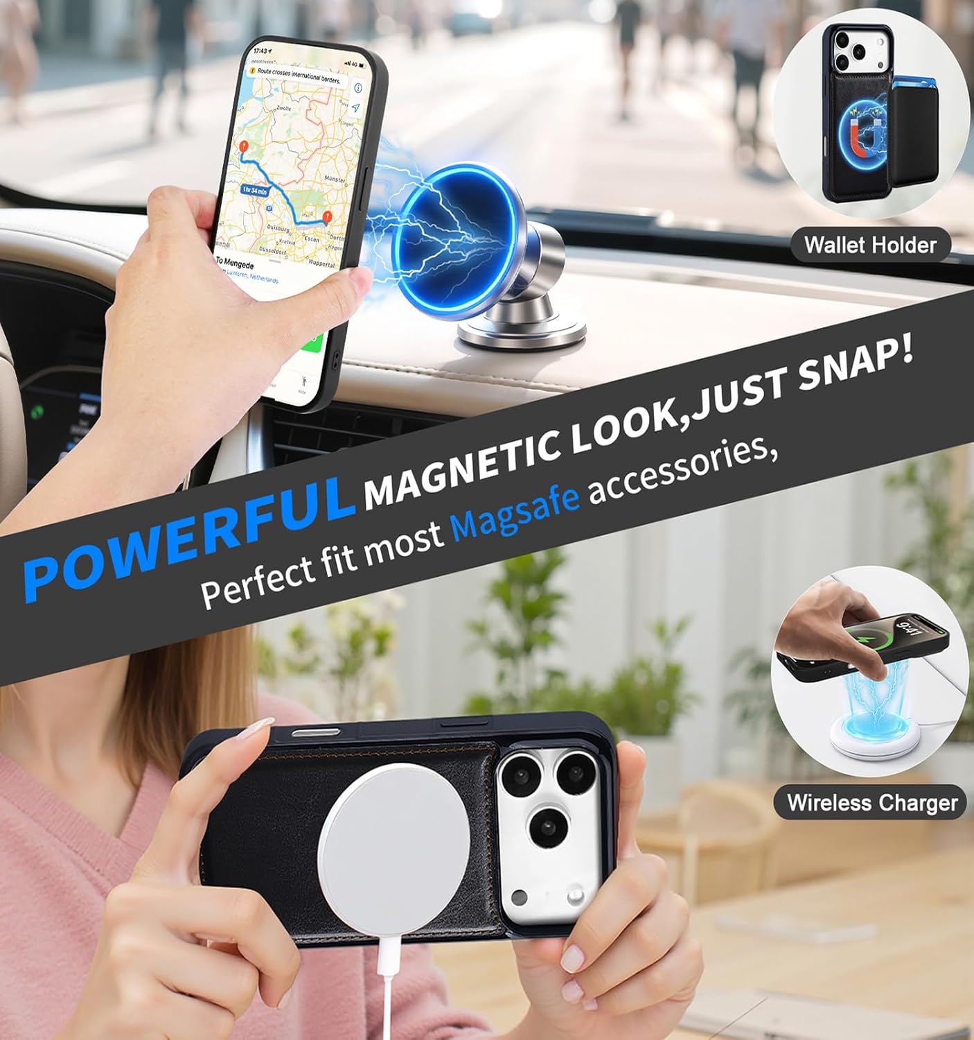 MInCYB for iPhone 17 Pro Max Wallet Case, [Compatible with Magsafe] [Magnetic Detachable] [RFID Blocking] PU Leather Case with Card Holder & Crossbody Strap for Women Men, Black - Image 7