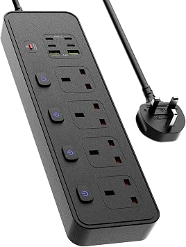 Extension Lead with USB Slots, 4 Way Sockets Outlets with 4 USB-C Ports and 2 USB Ports, 3250W Individual Switches 1.8M Extension Cable with Protected Power Strips, UK Multi Plug Adapter Black