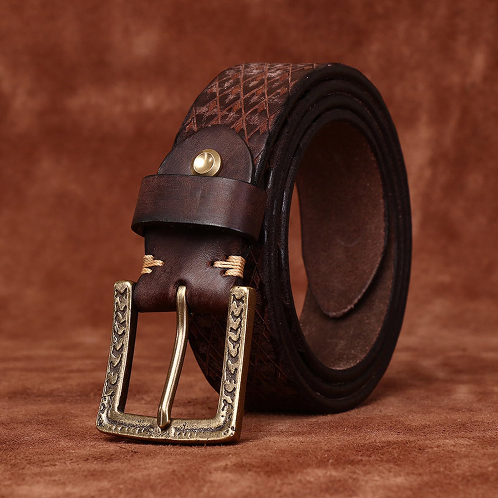 Ledergürtel, 5,5 mm, Dickes Vollnarbenleder, Herrengürtel mit Rautenmuster und geprägtem Argyle-Muster, mit Schnalle mit hoher Härte, verpackt in Einer Box
