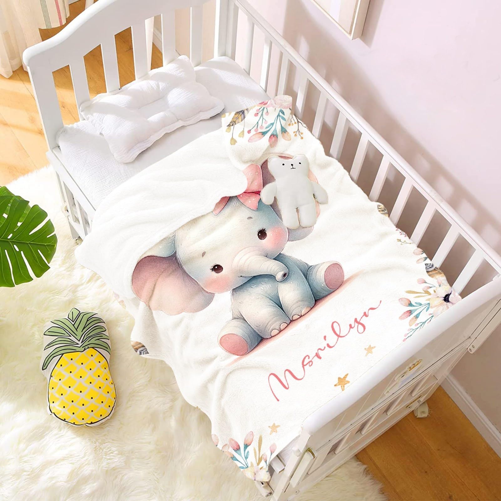 Custom Baby Elephant Blanket with Name for Girls Boys Elephant Gifts for Kids Soft Cozy Blanket for Sofa Bed Couch Living Room 30x40inches