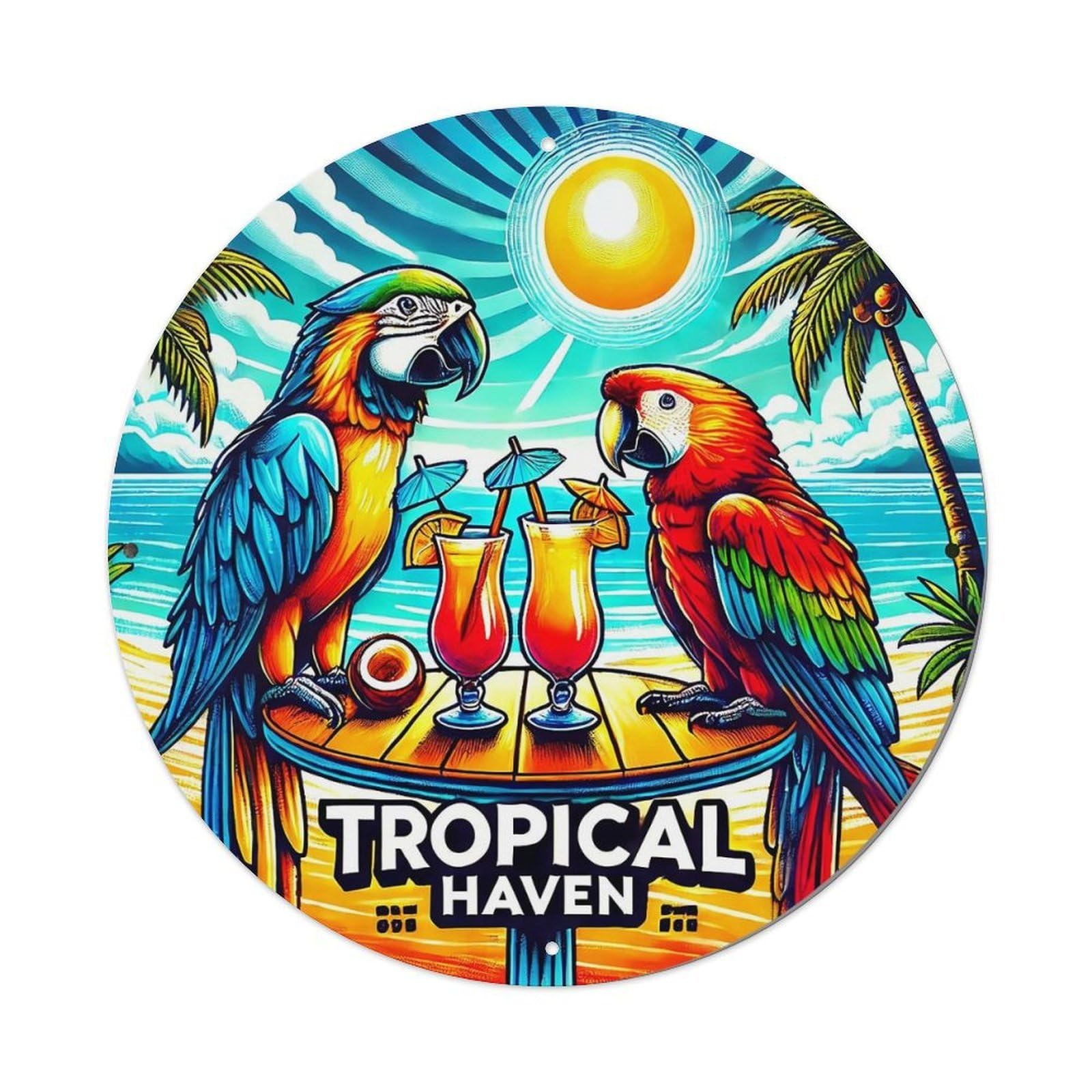 Tropical Parrots Cocktails Palm Sun Round Metal Tin Sign Vintage Wall Decor, Bar Garage Cafe Kitchen Home Wall Art Poster 8x8inches