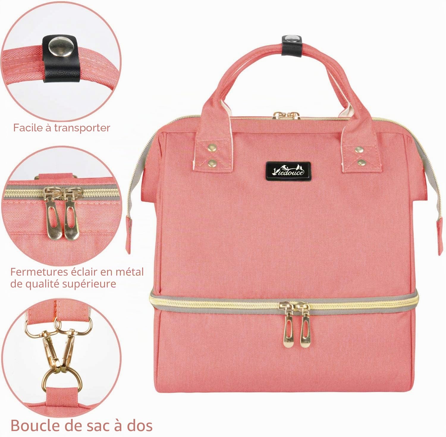 Viedouce Sac à Dos à Langer Isotherme, Sac à Dos Voyage pour Tire-lait, Sac de Repas Isotherme, Petit Sacs de Pique-nique, Imperméable Compact Oxford Sacs à Couche Bebe (Rose,8L)
