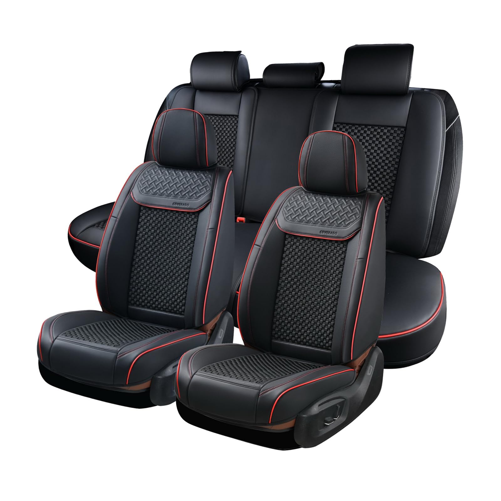 Coverado Leather Seat Covers for Car, Waterproof Car Seat Covers Full Set, 2 in 1 Conversions Car Seat Cover Protector Car Accessories Universal Fit for Most Cars SUVs and Trucks (Black&amp;Red)