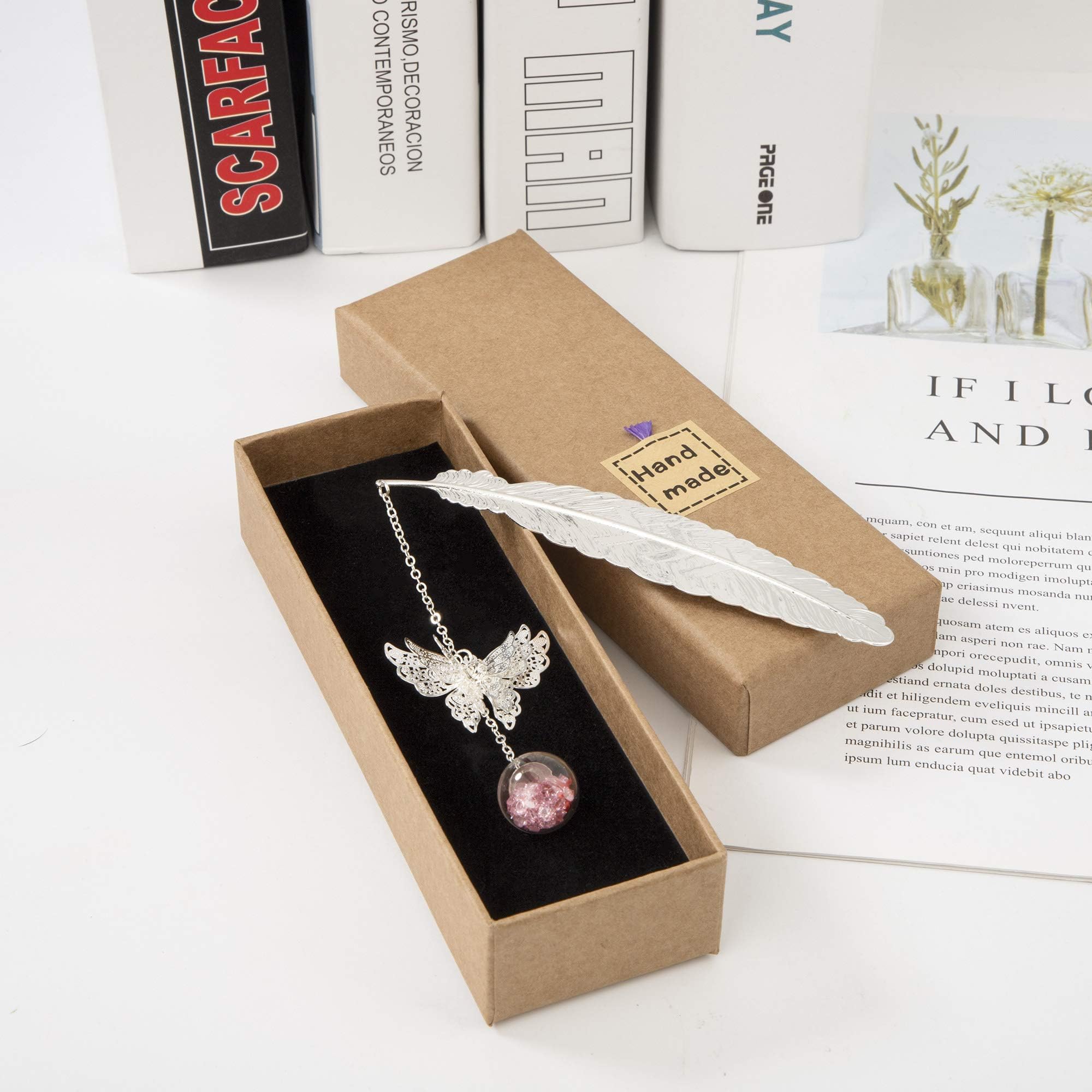 Toirxarn Marque-page plume en métal, avec papillon 3D et perles de
