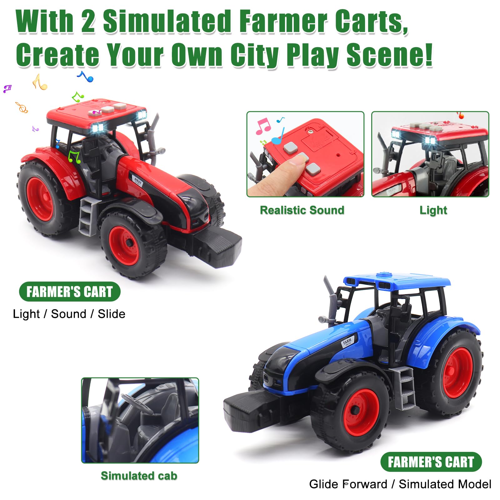 Mostop Camión grande de camión plano,25.6'' gran camión de granja juguete con 2 tractores,Juguete de tractor de granja impulsado por fricción con luz y sonido, juguete de granja para niños