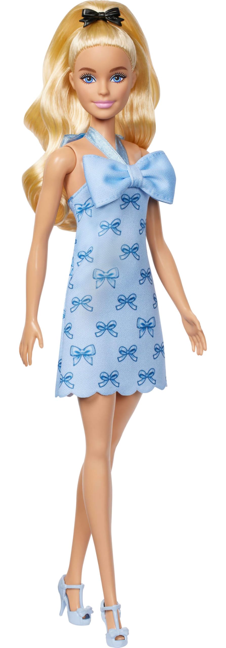 Fashionistas Doll #237 with Wavy Blonde Ponytail Wearing Blue Bow Halter Dress, Black Hair Bow Accessory and Matching Blue Heels
