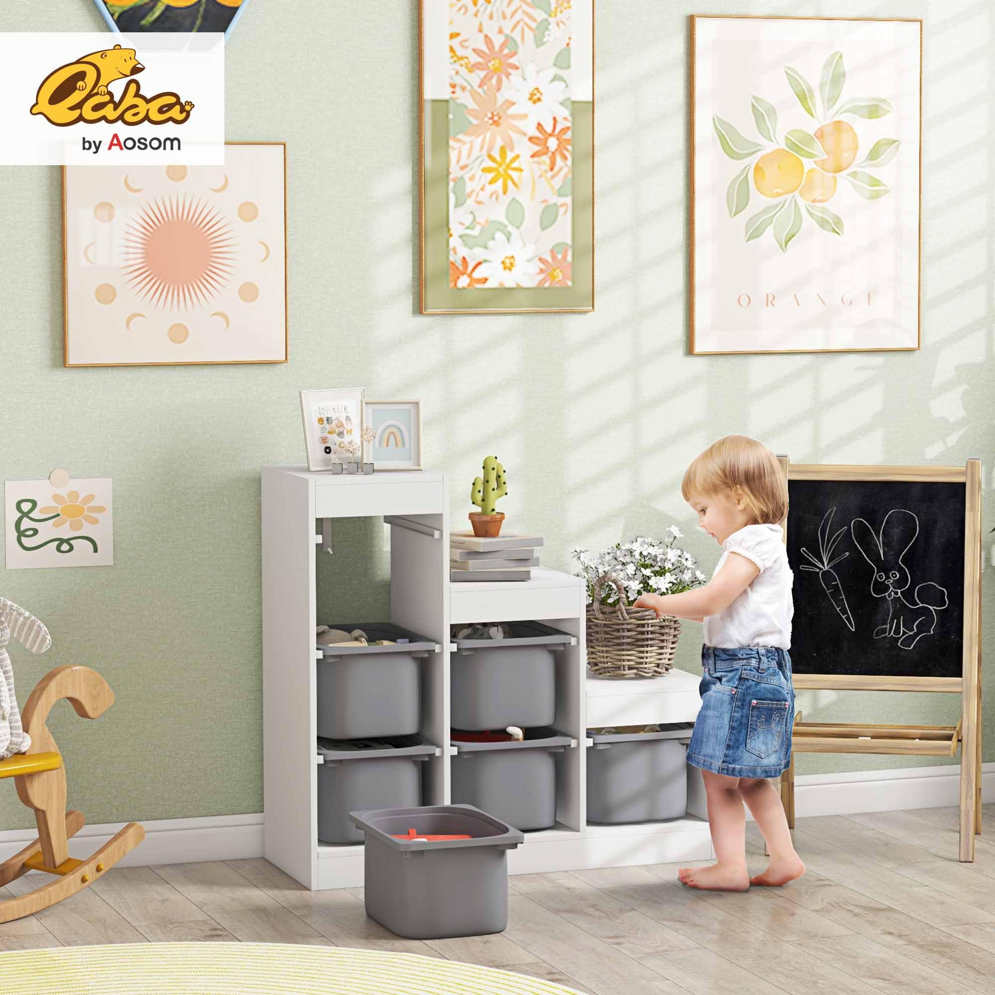 AIYAPLAY Meuble de Rangement pour Jouets avec 6 bacs Amovibles 3 Niveaux, Rangement de Jouets pour Enfants Nettoyage Facile, pour Les 3-8 Ans, Gris