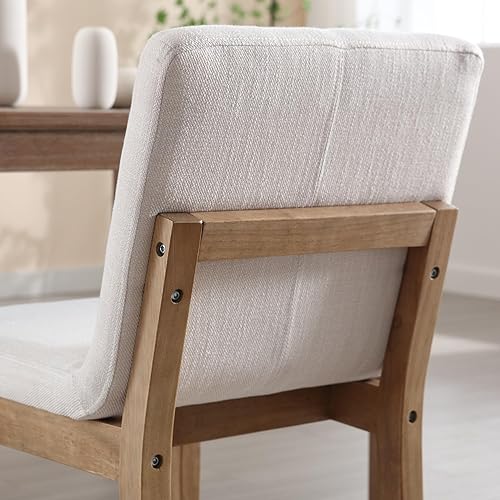 Miniatura 8 de Comfy Modern - Juego de 2 sillas de comedor sin brazos de lino beige con patas de madera maciza, sillas de comedor tapizadas de mediados de siglo