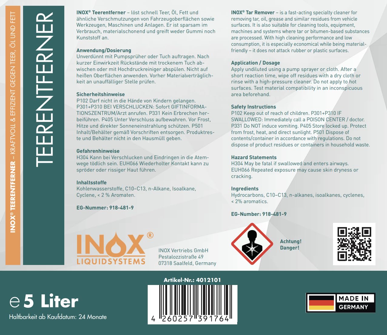 INOX® Auto Teerentferner 5 Liter - Teerreiniger für Innenraum und Außen - Klebstoffentferner Baumharzentferner - Industriereiniger schonend zu Autolack und Chrom