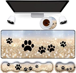 4 in 1 Mouse Pad Combo, Large Gaming Mouse Pad + Keyboard Wrist Support + Mouse Wrist Rest + Coaster, Table Pad with Stitched Edge Memory Foam Ergonomic Wrist Pad Set, Rainbow Glitter Dog Paw Prints