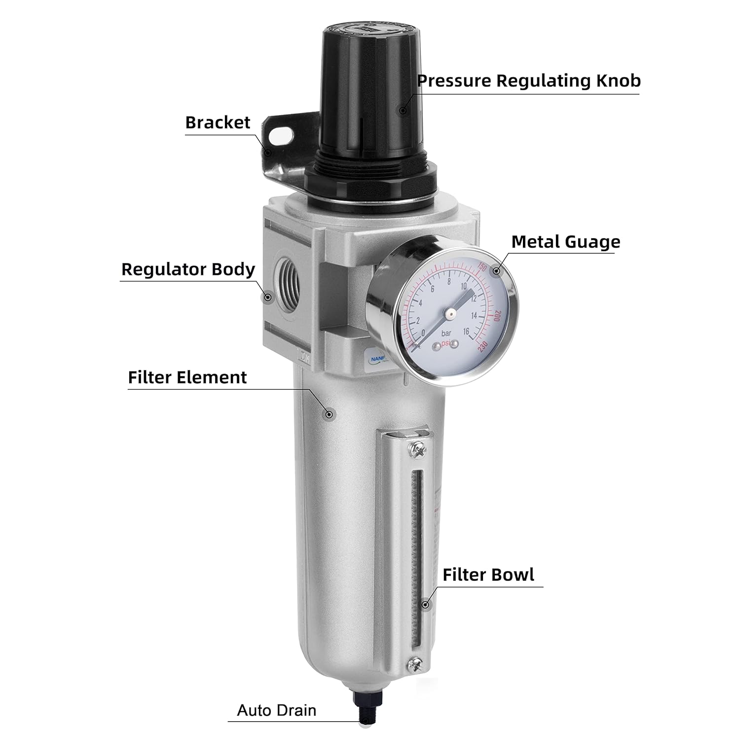 NANPU Industrial Grade Heavy Duty Particulate Filter & Air Regulator, Metal Bowl, Suitable for Paint Spray (3/4" NPT, Manual Drain)