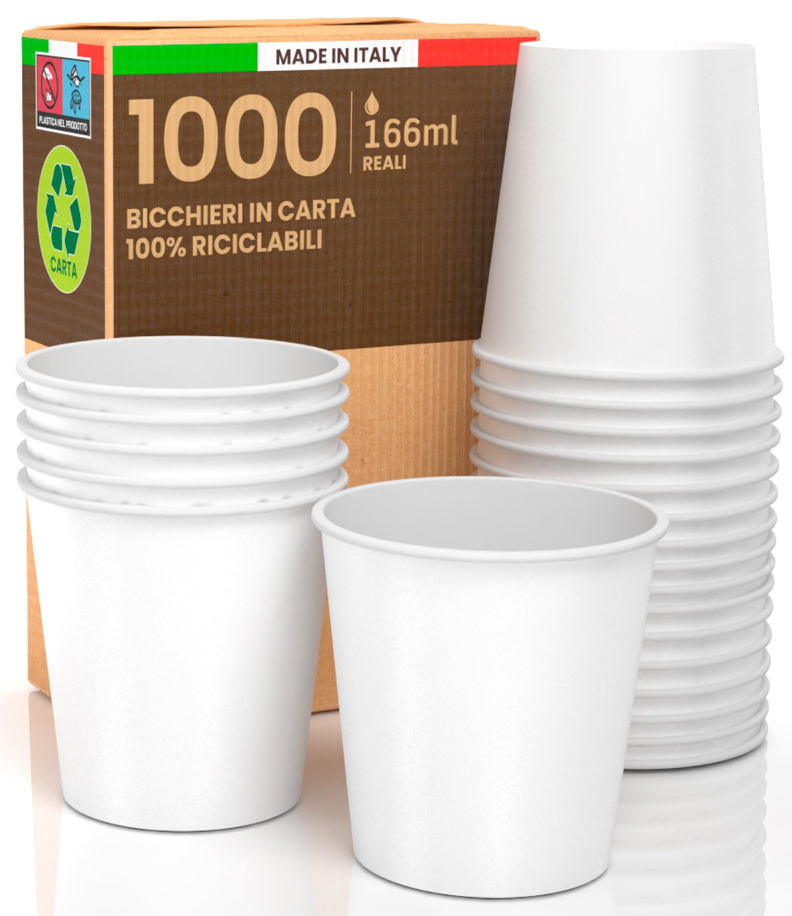 Baciato Caffè 1000 Bicchieri in Carta Bianchi 166ml Ecologici Biodegradabili Monouso Made in Italy Asporto Bevande Calde Acqua - Prodotto e Confezionato in Italia