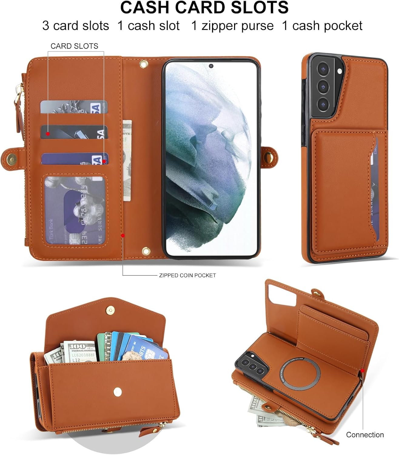 Asuwish Phone Case for Samsung Galaxy S21 5G 6.2 inch Wallet Cover Compatible with Magsafe RFID Screen Protector Crossbody Lanyard Strap Flip Card Holder Slot Zipper Cell Purse S 21 21S G5 Brown