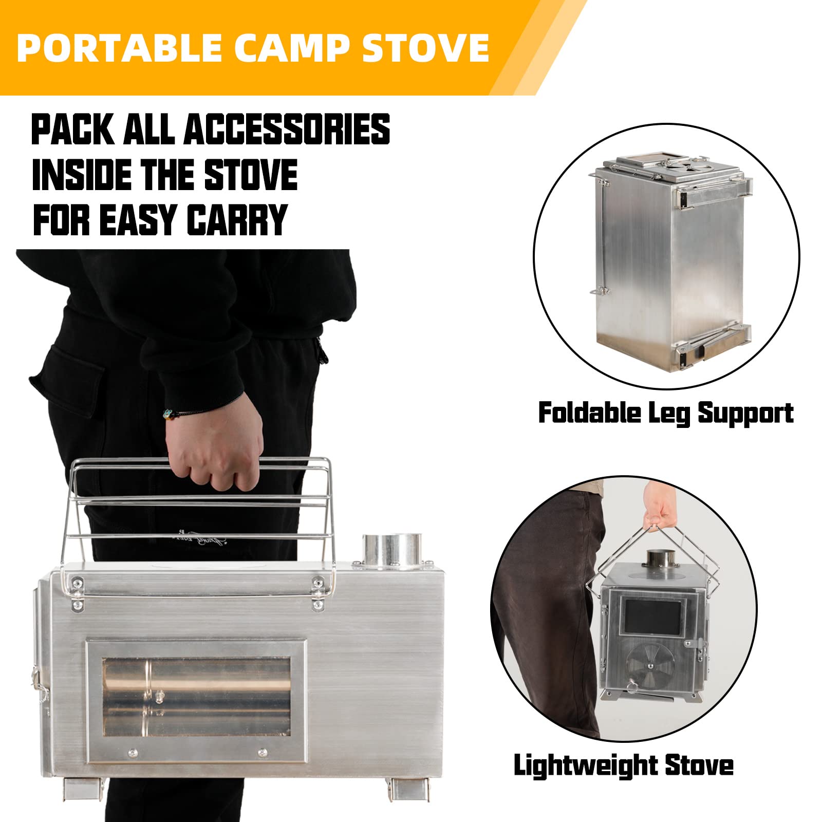 Amazon.com: GRAVFORCE Camping Hot Tent Stove, Portable Wood Burning Stove  for Outdoor, Stainless Steel Small Camping Stove with Sectional Chimney  Pipes u0026 Tent Stove Jack for Heating and Cooking, Backpacking : Sports
