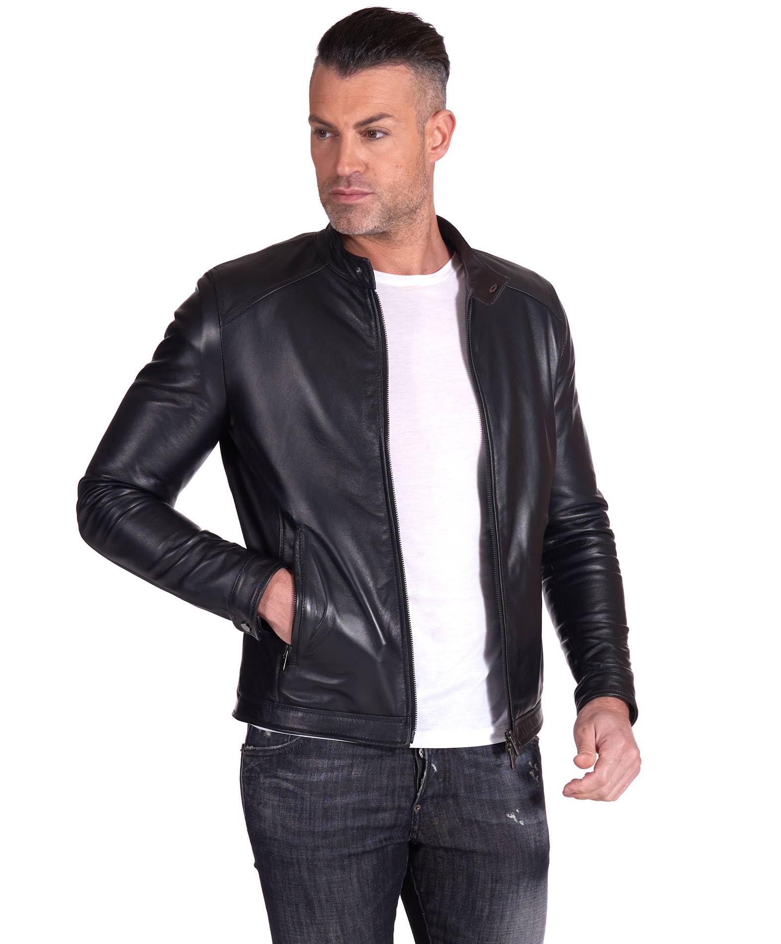 D'Arienzo Giacca Pelle Blu Uomo Giubbino Biker Vera Pelle Made in Italy Ted
