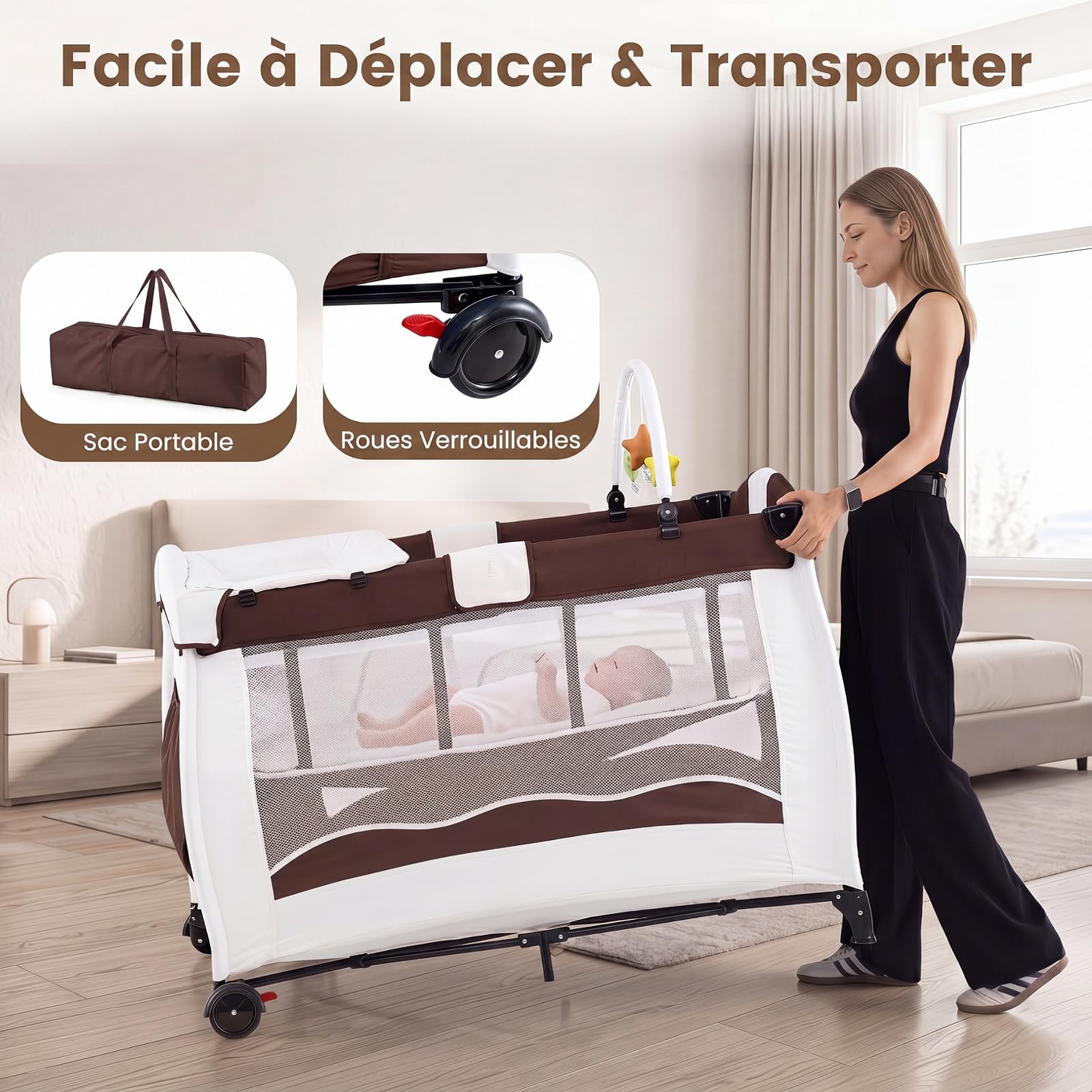 COSTWAY 4 en 1 Lit Parapluie Bébé Pliable avec Matelas (Marron)