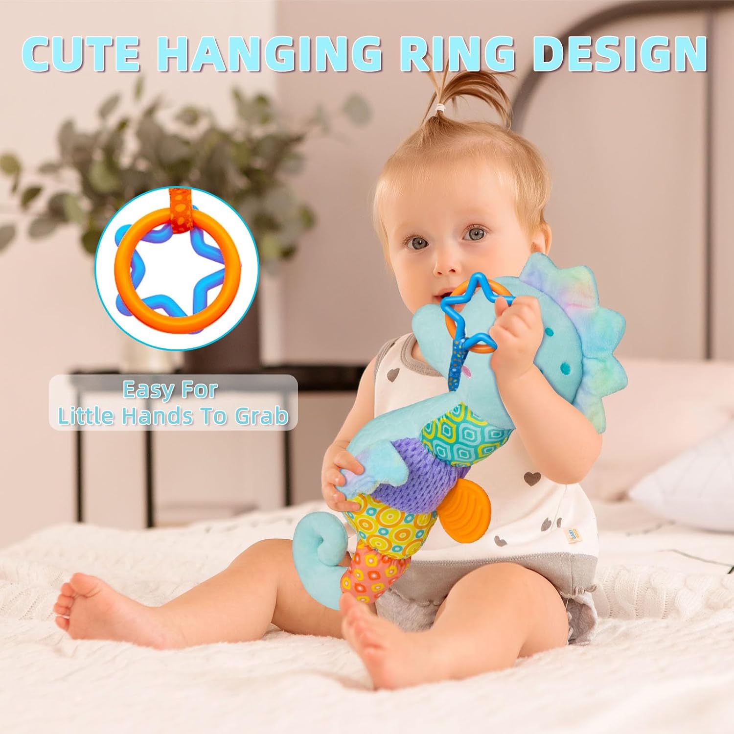 Baby Toys 0-6 Months, Infant Musical Seahorse Stuffed Animals Sensory Toys with Bright Colors,Multiple Textures,Rattles & Crinkle Sound Paper,Soft Tummy Time Toy for Newborn Boys Girls 0-12 Months