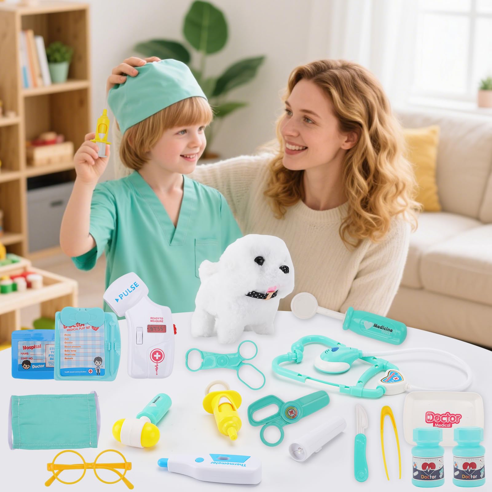 TEUVO Doctors Set for Kids, Children Pet Vet Care Play Set including Doctor Costume, Interactive Plush Dog, Stethoscope - Image 2