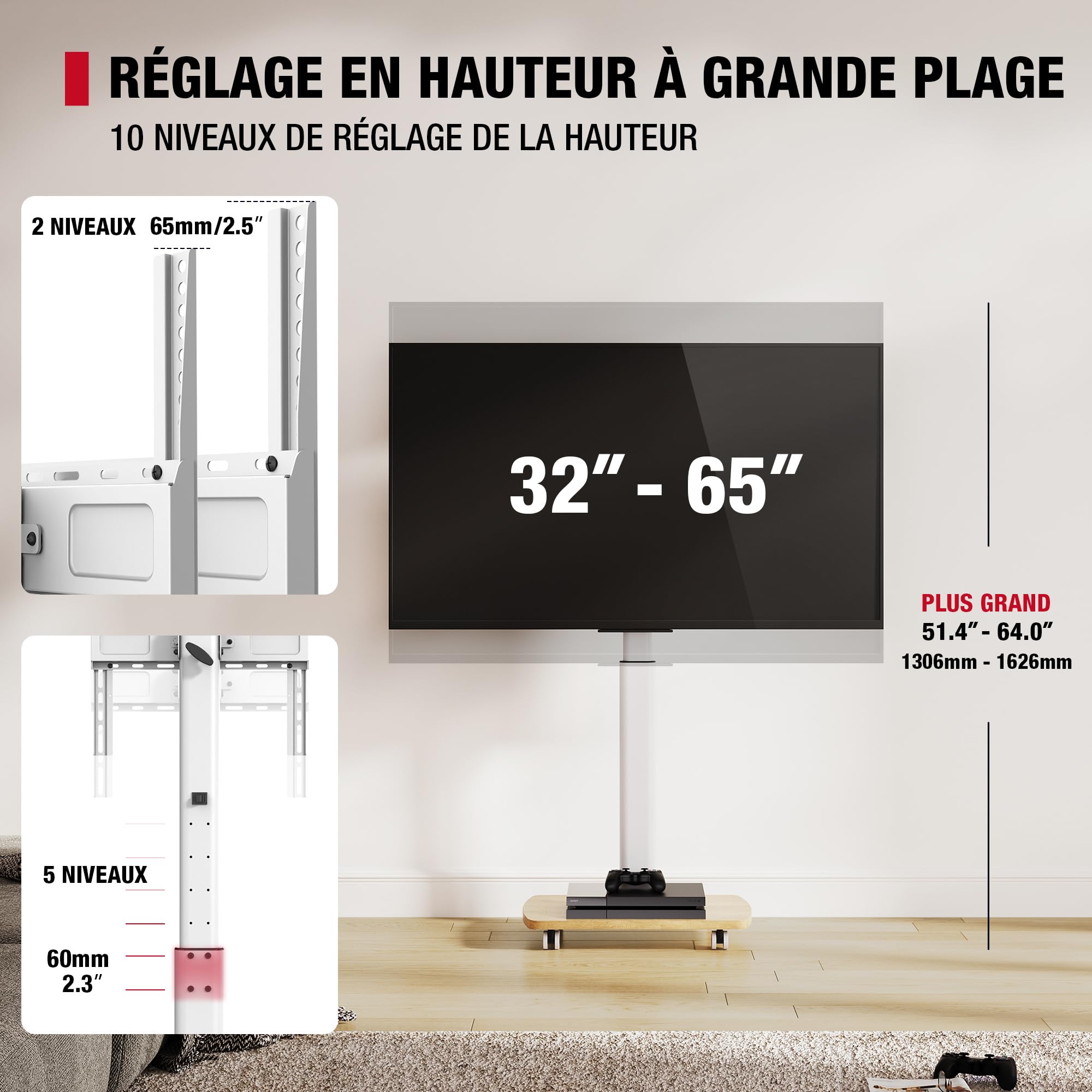 AOKCOS Support TV roulettes avec Base en Bois pour TV de 32-65 Pouces Horizontal et Vertical-Support TV sur Pied Plus Haut 1306-1626 MM Inclinaison 12° jusqu'à 35 KG Max. VESA 400x400mm