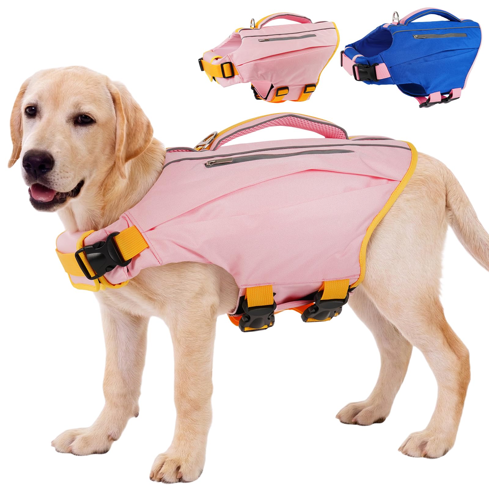 Kuoser Dog Life Jackets, Adjustable Dog Lifesavers Floats Coat, Puppy Swim Vest with Handle for Water Activities & Paddleboarding, Pink 2XL