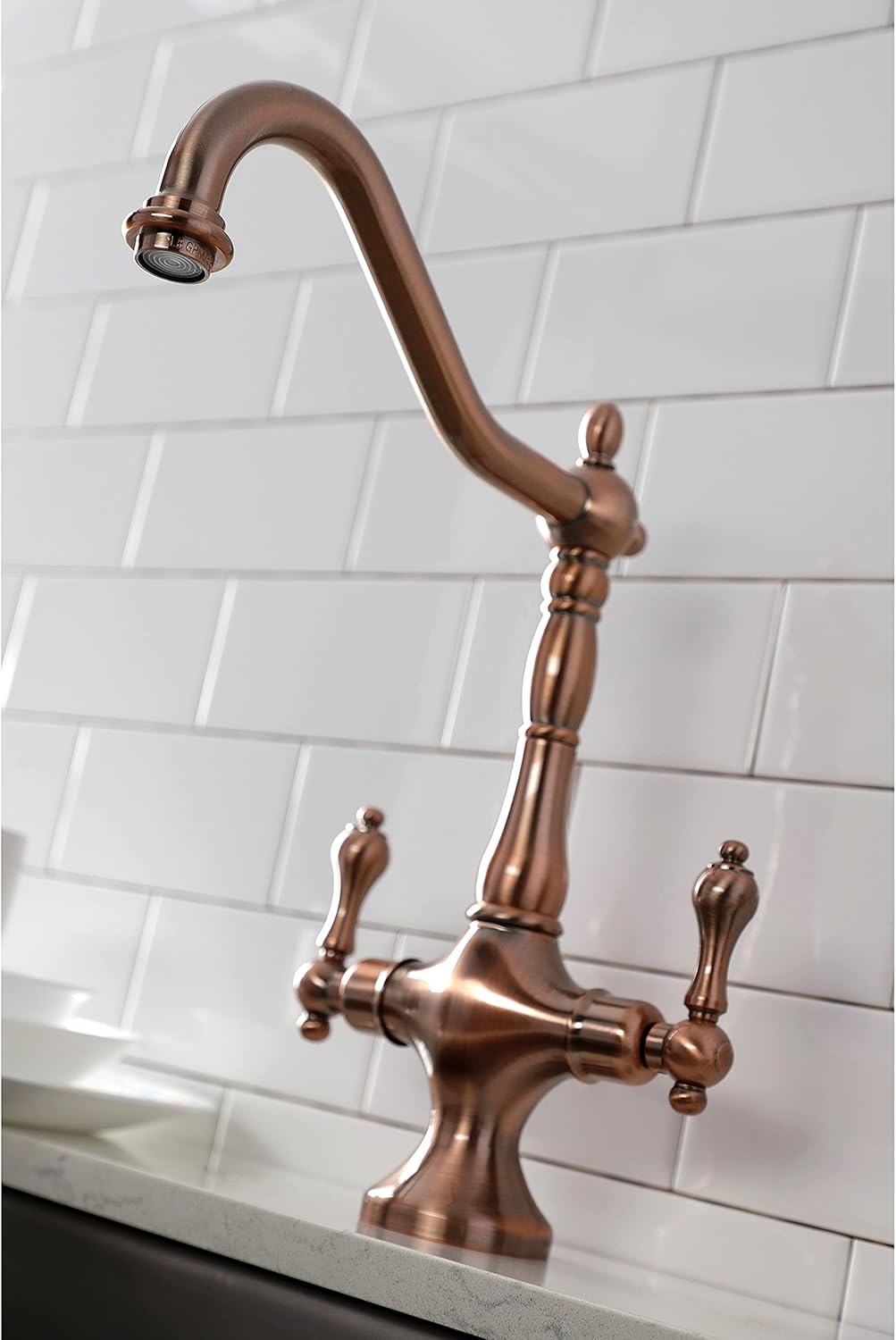 Kingston Brass KS177ALBSAC Heritage 2-Handle Kitchen Faucet with Side Sprayer, Antique Copper Finish, 8.5-Inch Spout Reach