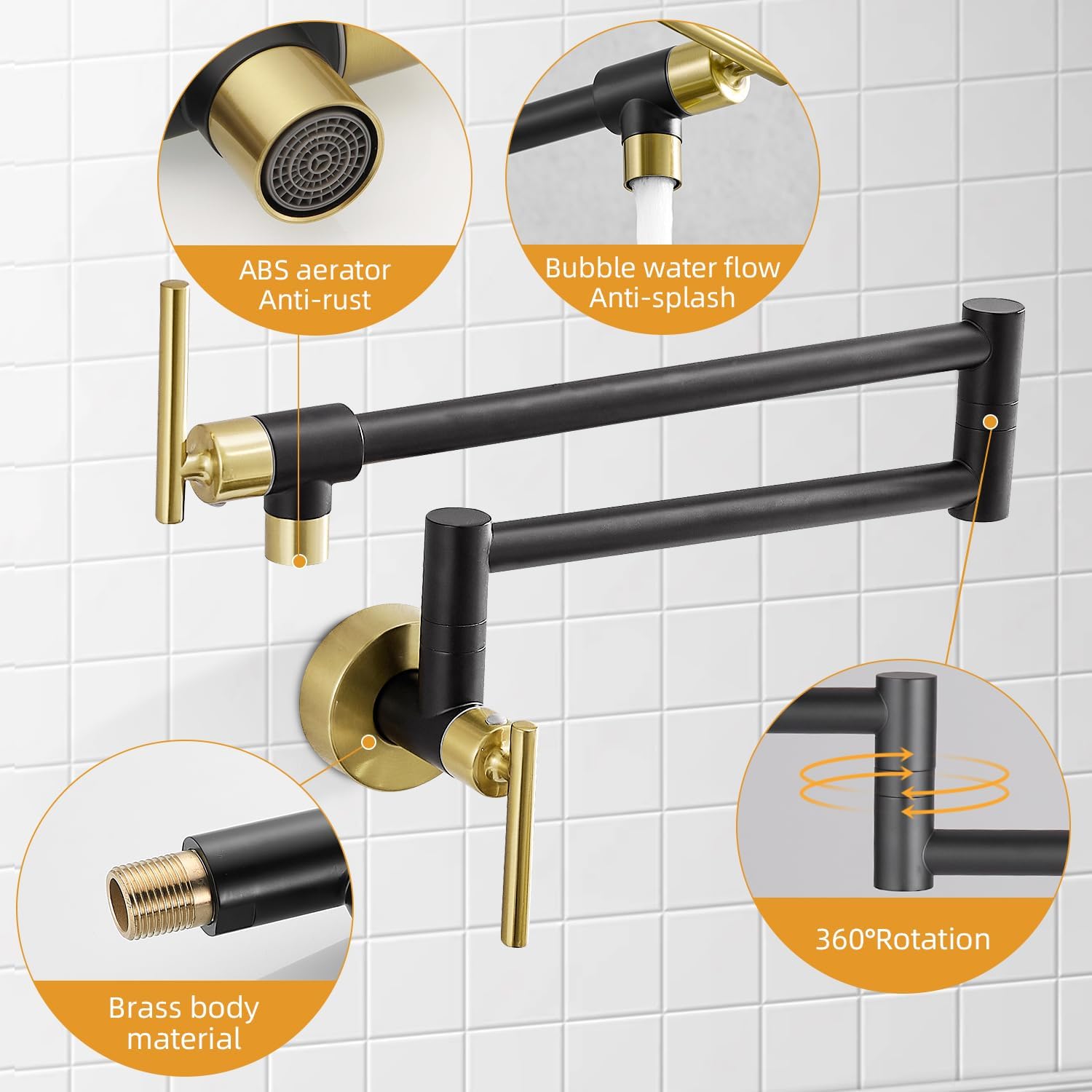 Fransiton Black Gold Pot Filler, Pot Filler Faucet Wall Mount, Brass Folding Stretchable with Double Joint Swing Arm Single Hole Two Handles Kitchen