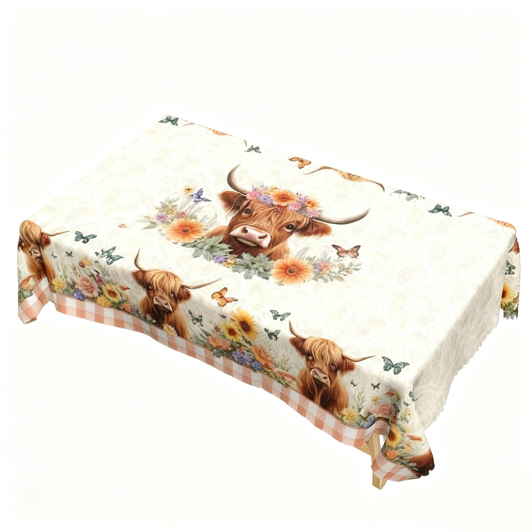 Wasise Highland Cow Table Cloth - 140 X 180CM Vintage Pastoral Decor with Sunflowers Butterflies, Highland Cow Party Decorations, Cows Dining Table Cover for Kitchen Dinning Decor, Square Tablecloth