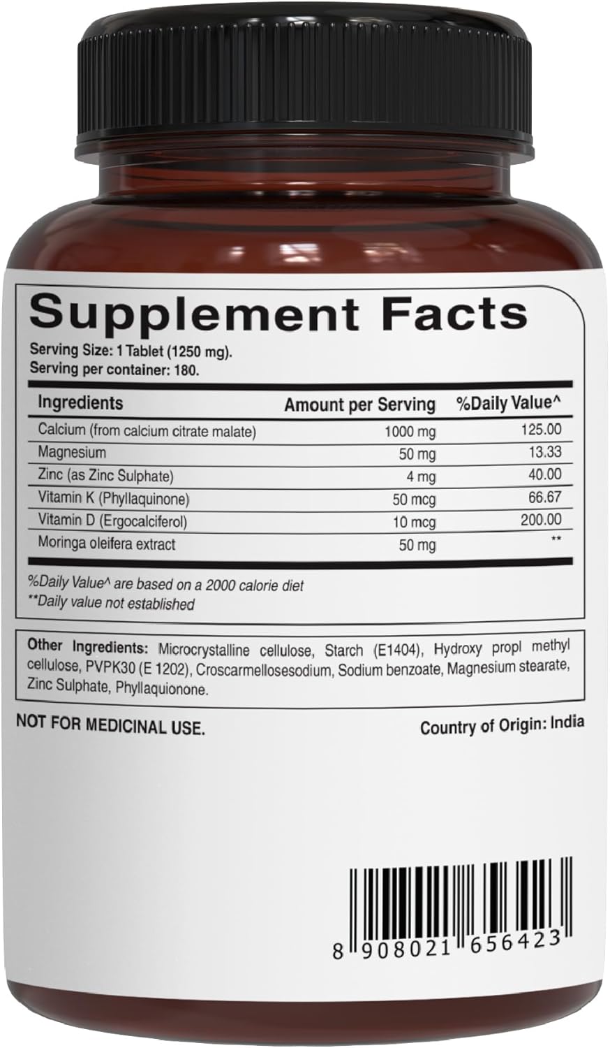 Pure Nutrition Ultra Calcium Citrate 1000mg Highly absorbable Calcium Supplement with Calcium Citrate Malate, Vitamin D, Zinc and Magnesium - 1 Tablet Daily (180 Veg Tabs) Non-GMO | Gluten-Free