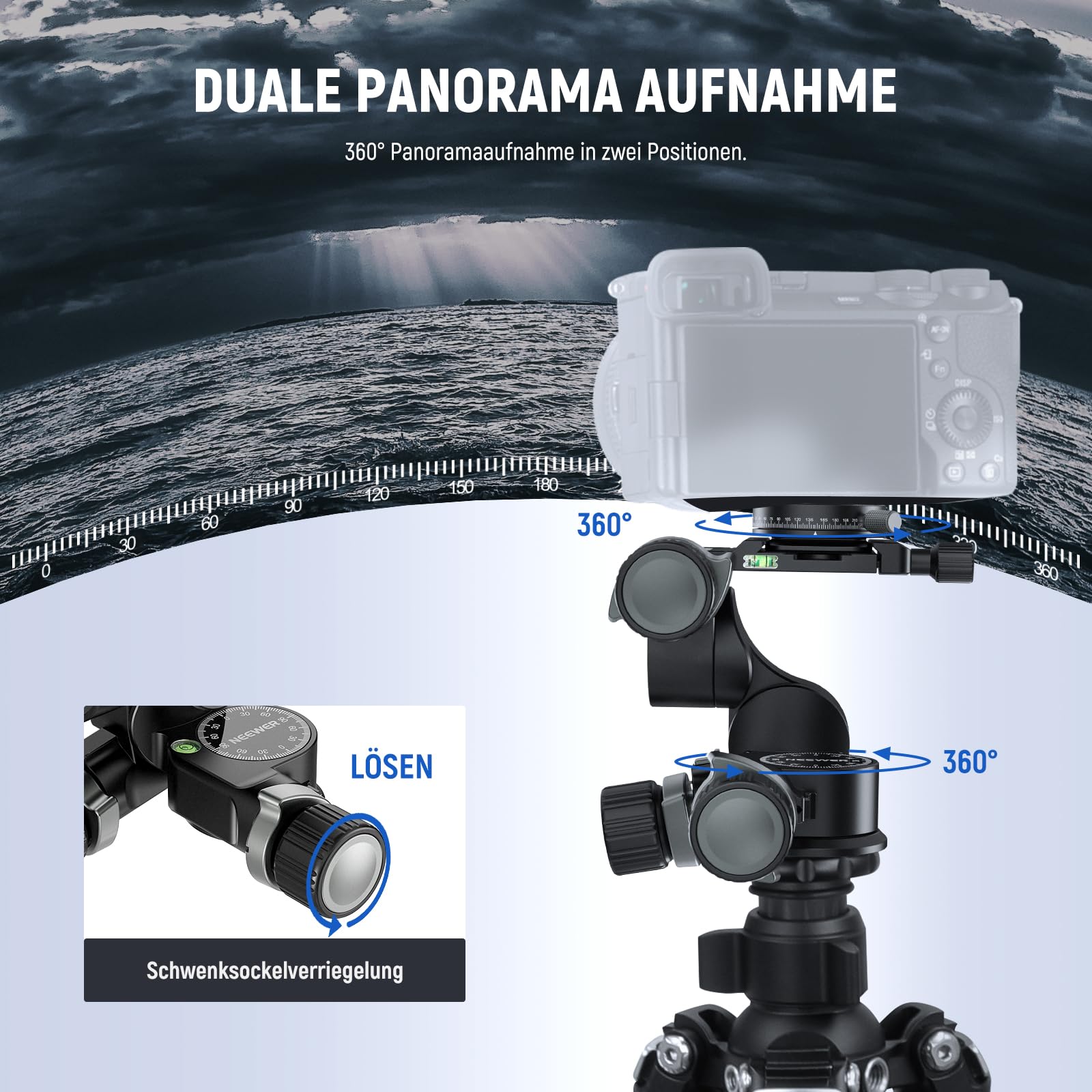 Neewer 3 Wege Neiger Stativkopf mit 360° Schwenk Arca QR Platte – Bild 5