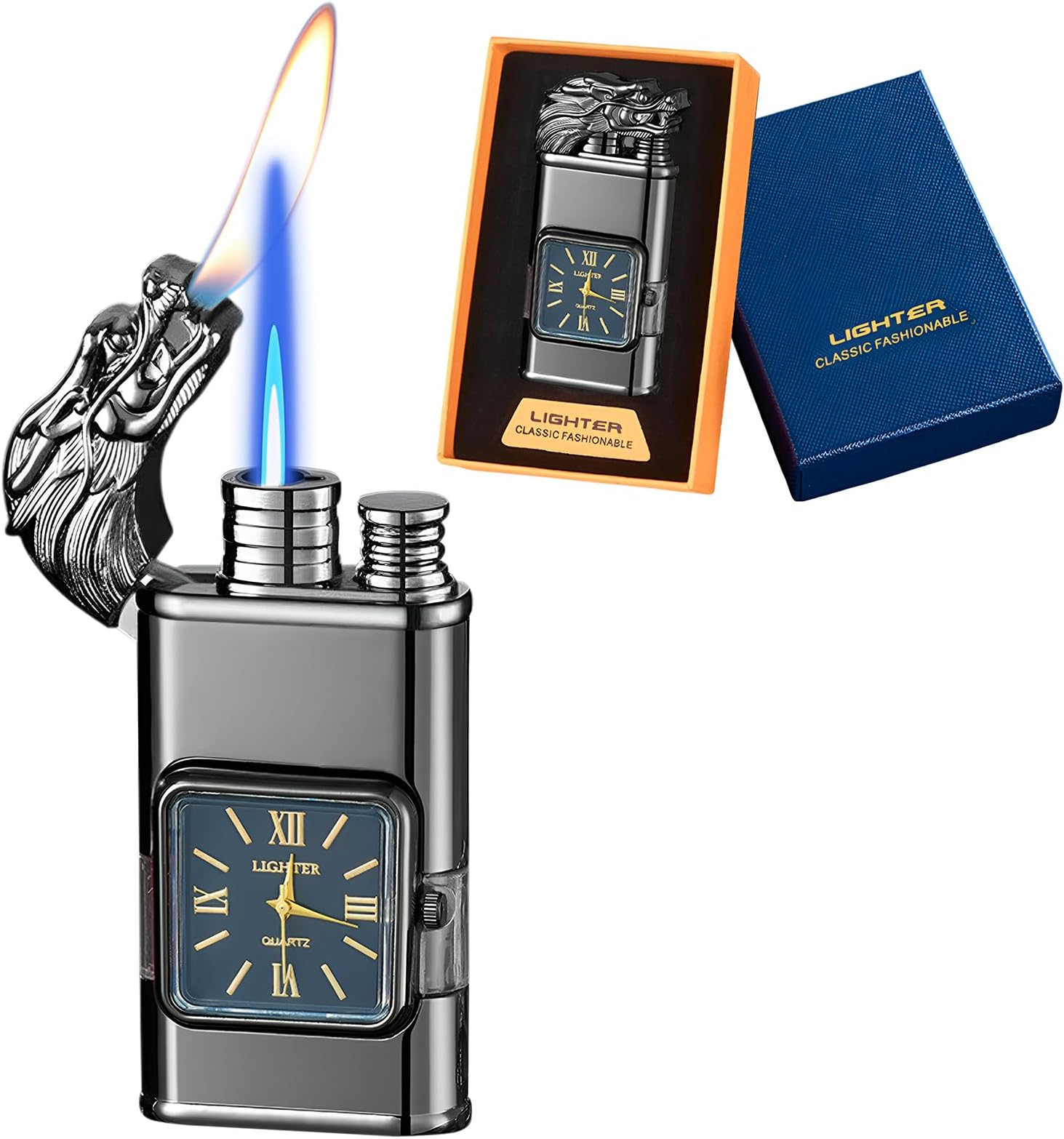 Torch Lighter, Magic Dual Flame Dragon Lighter with Portable Size, Windproof Lighter with Visible Fuel Tank, Adjustable Flame Refillable Butane Lighter for Men Friends Gifts (Without Butane)- Black-d